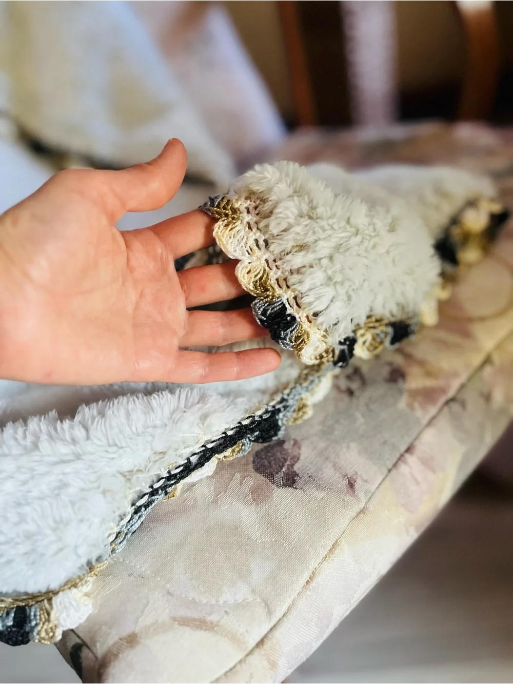 Plush White Sherpa Throw Blanket with Decorative Trim